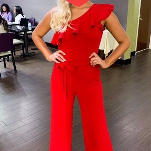 Express brand (size 4): gently used, one shoulder, ruffle, red, jumpsuit